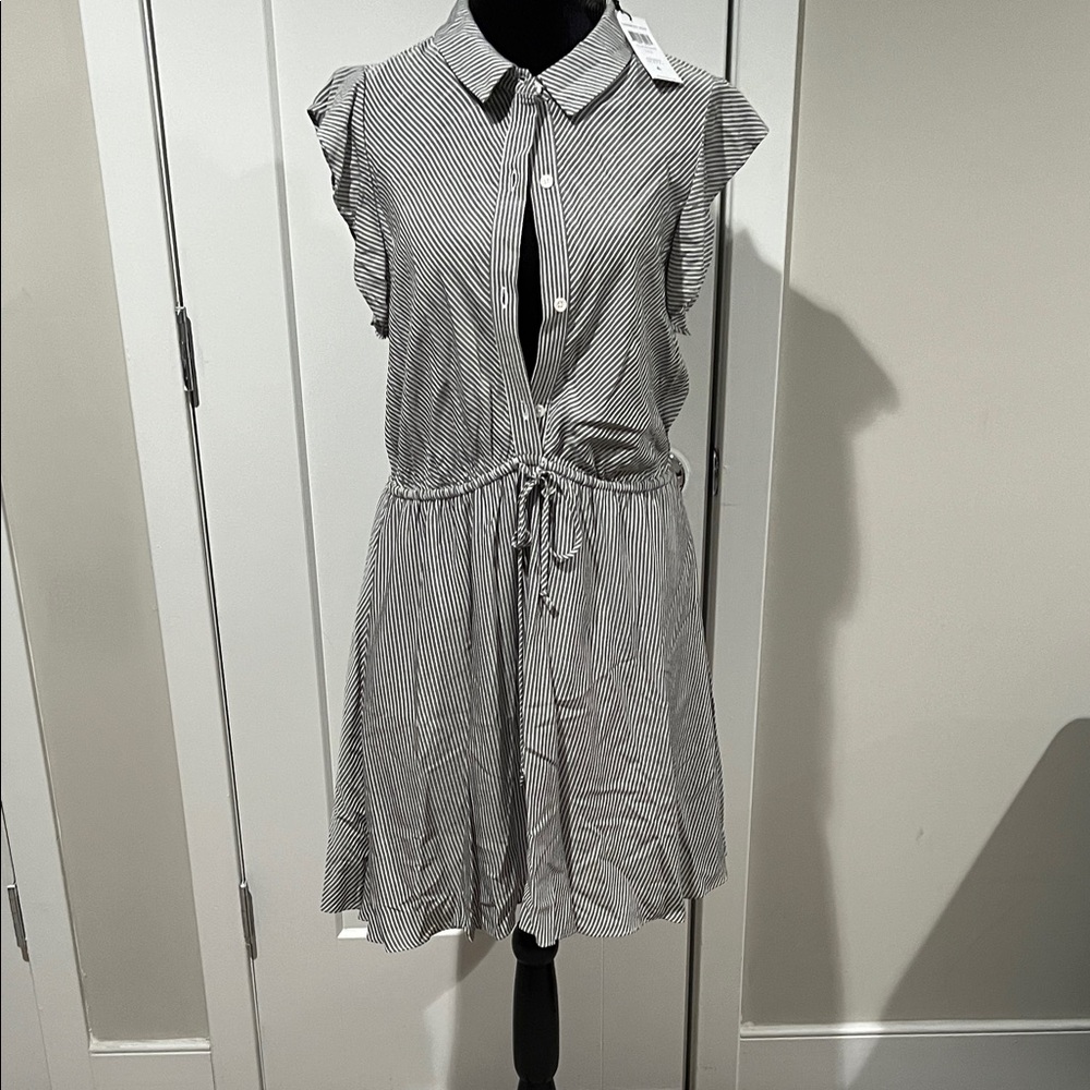 BCBG Generation Black & White Striped Drawstring Shirt Mini Dress size L